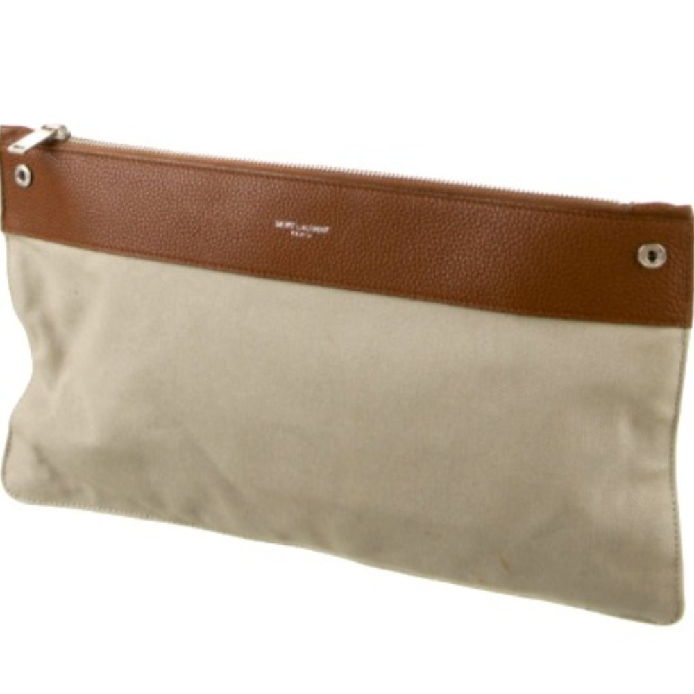 Saint Laurent Canvas Leather Trim Pouch